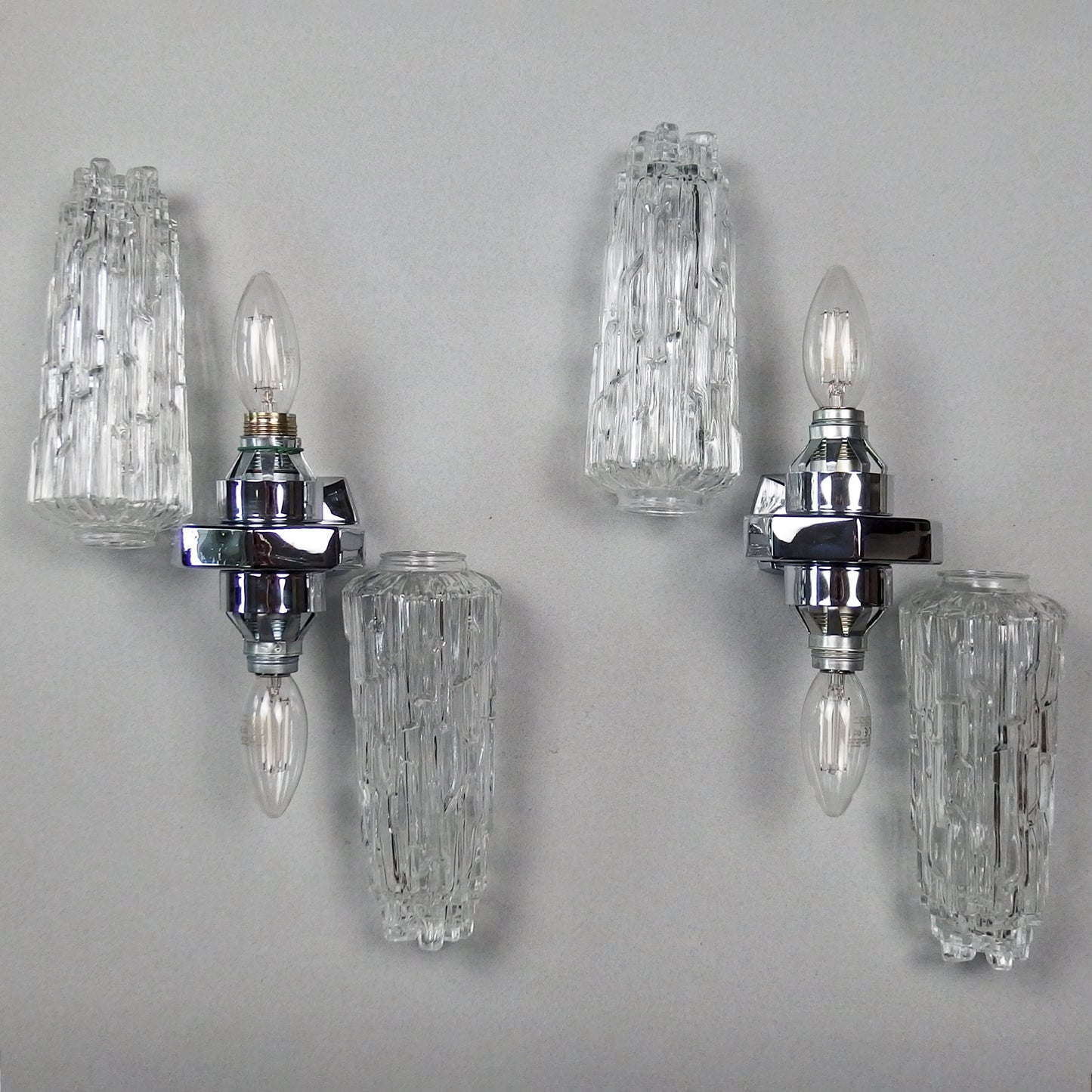 Pair of 1970's XL chrome sconces with ice glass shades from Hillerbrand - Retro Lamp Shop