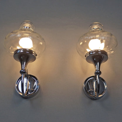 Beautiful pair of 1970s chrome and clear glass sconces from Willa - Retro Lamp Shop