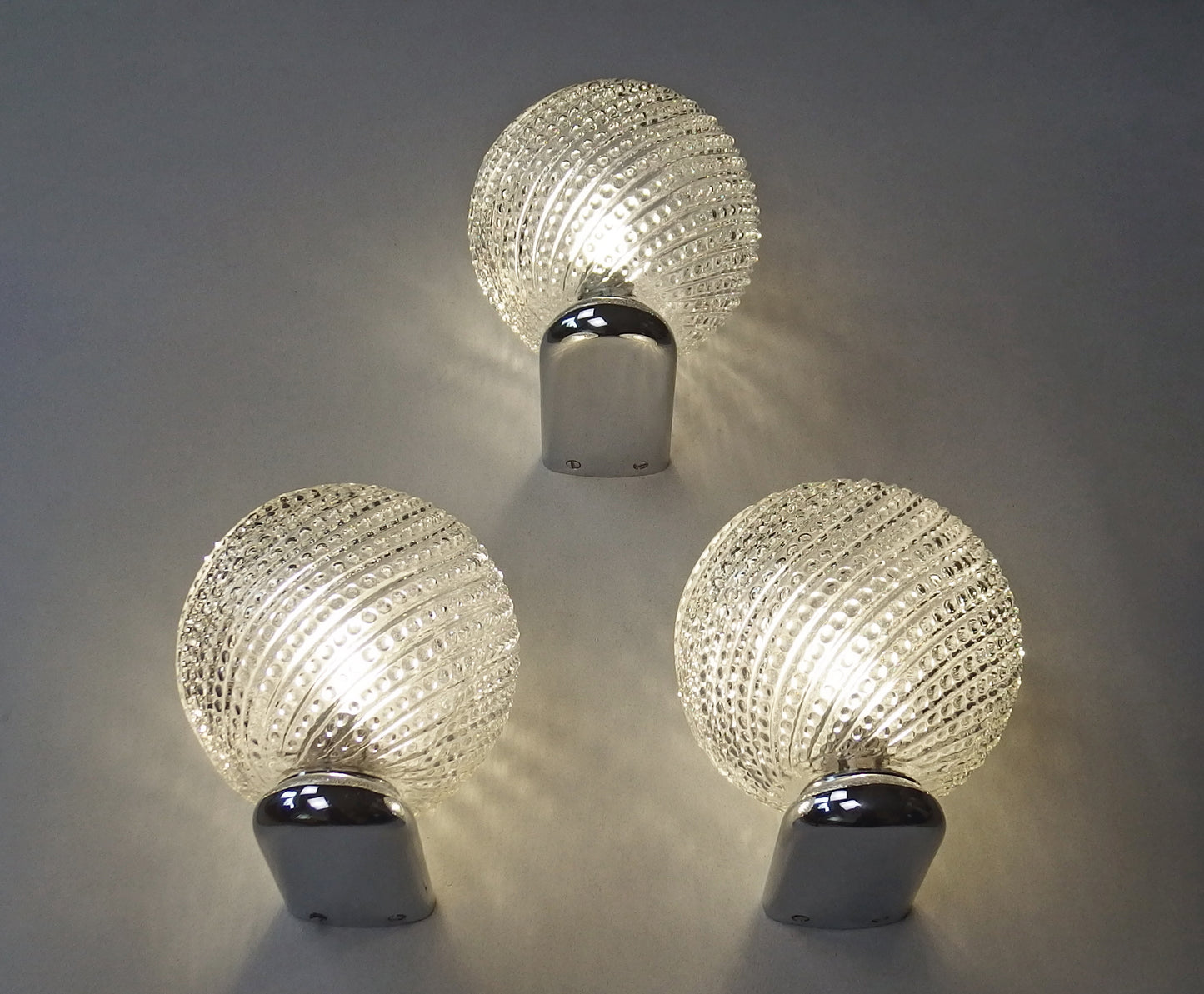 Set of 3 1970s chrome and amber bubble glass bathroom sconces - Retro Lamp Shop