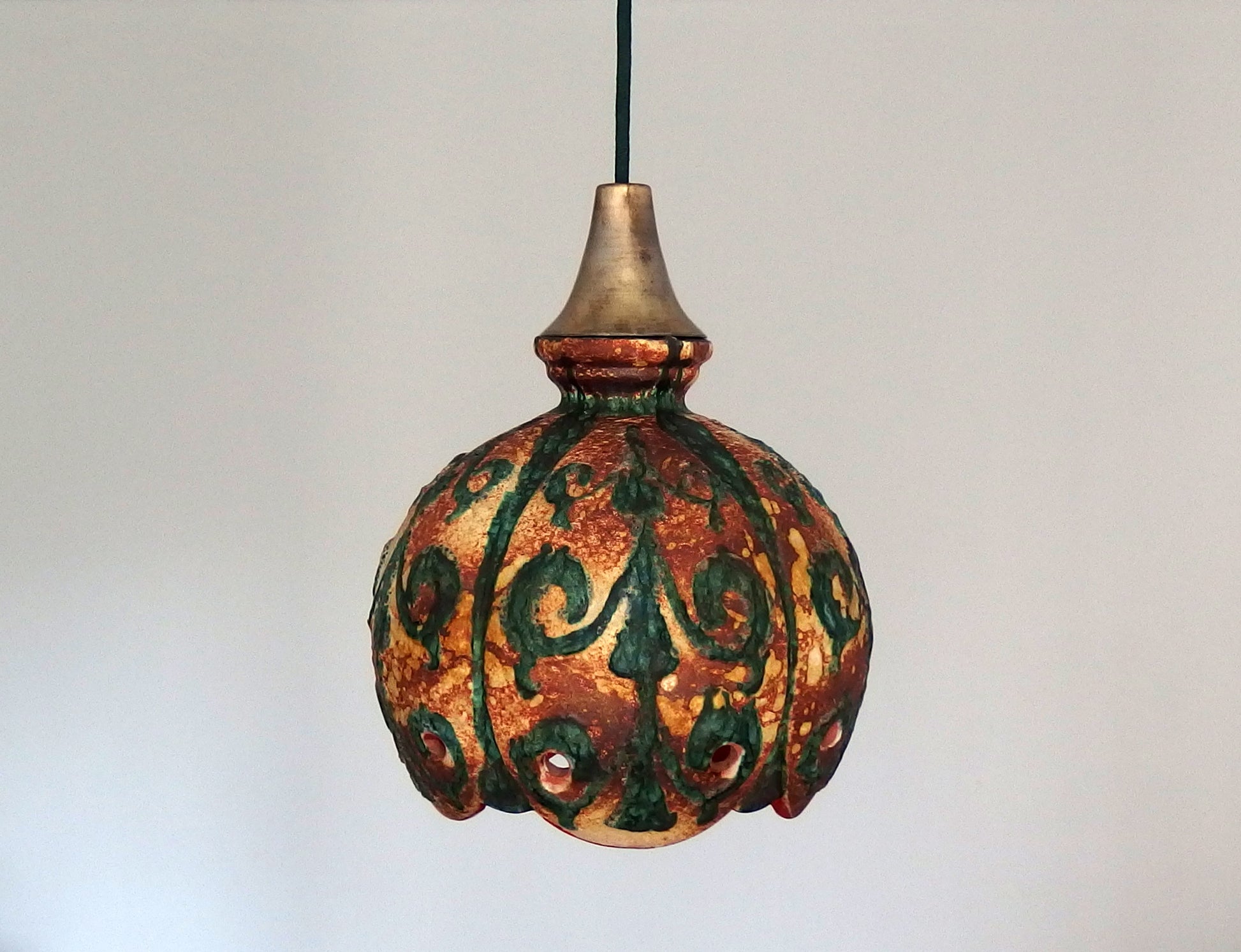 70's fat lava beige and green ceramic pendant light with interior orange glaze from Hustadt - Retro Lamp Shop