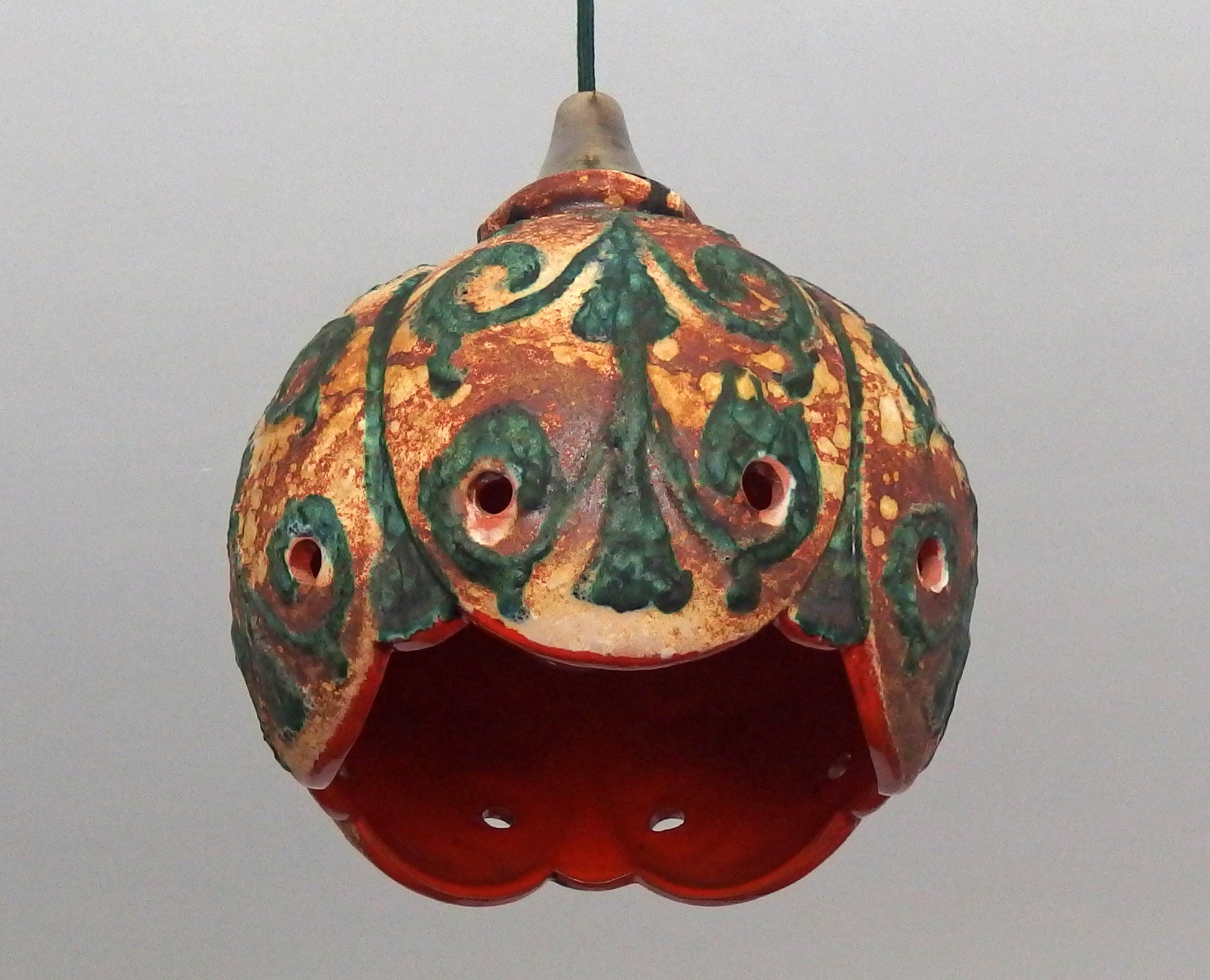 70's fat lava beige and green ceramic pendant light with interior orange glaze from Hustadt - Retro Lamp Shop