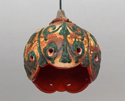 70's fat lava beige and green ceramic pendant light with interior orange glaze from Hustadt - Retro Lamp Shop