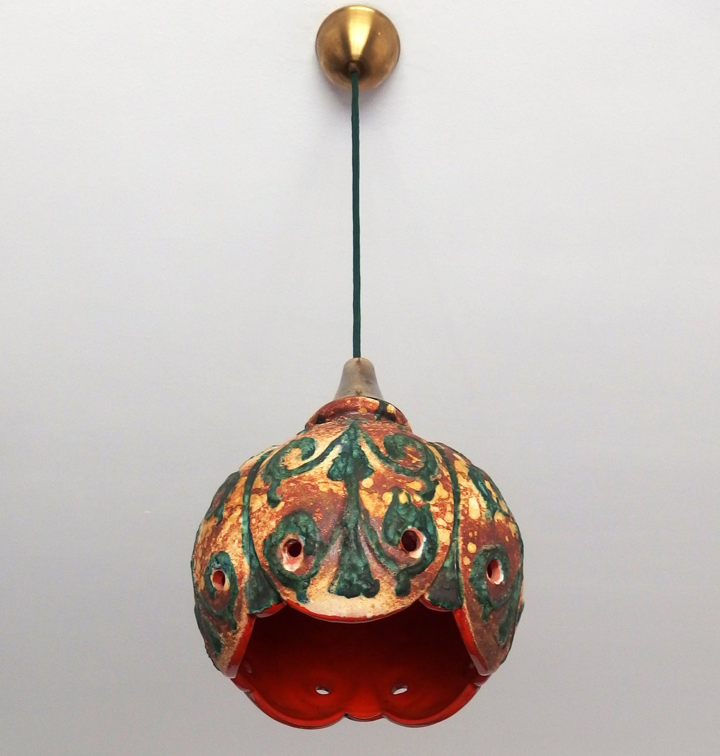 70's fat lava beige and green ceramic pendant light with interior orange glaze from Hustadt - Retro Lamp Shop