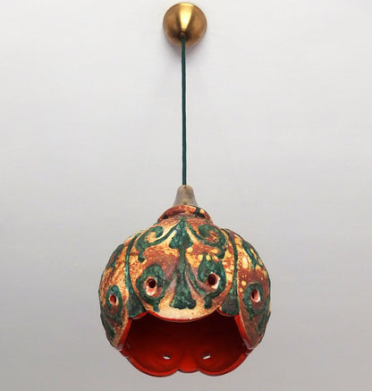 70's fat lava beige and green ceramic pendant light with interior orange glaze from Hustadt - Retro Lamp Shop