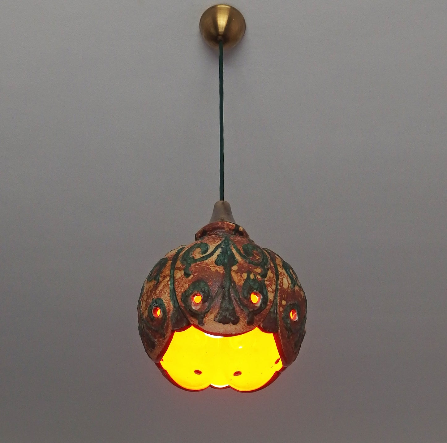70's fat lava beige and green ceramic pendant light with interior orange glaze from Hustadt - Retro Lamp Shop