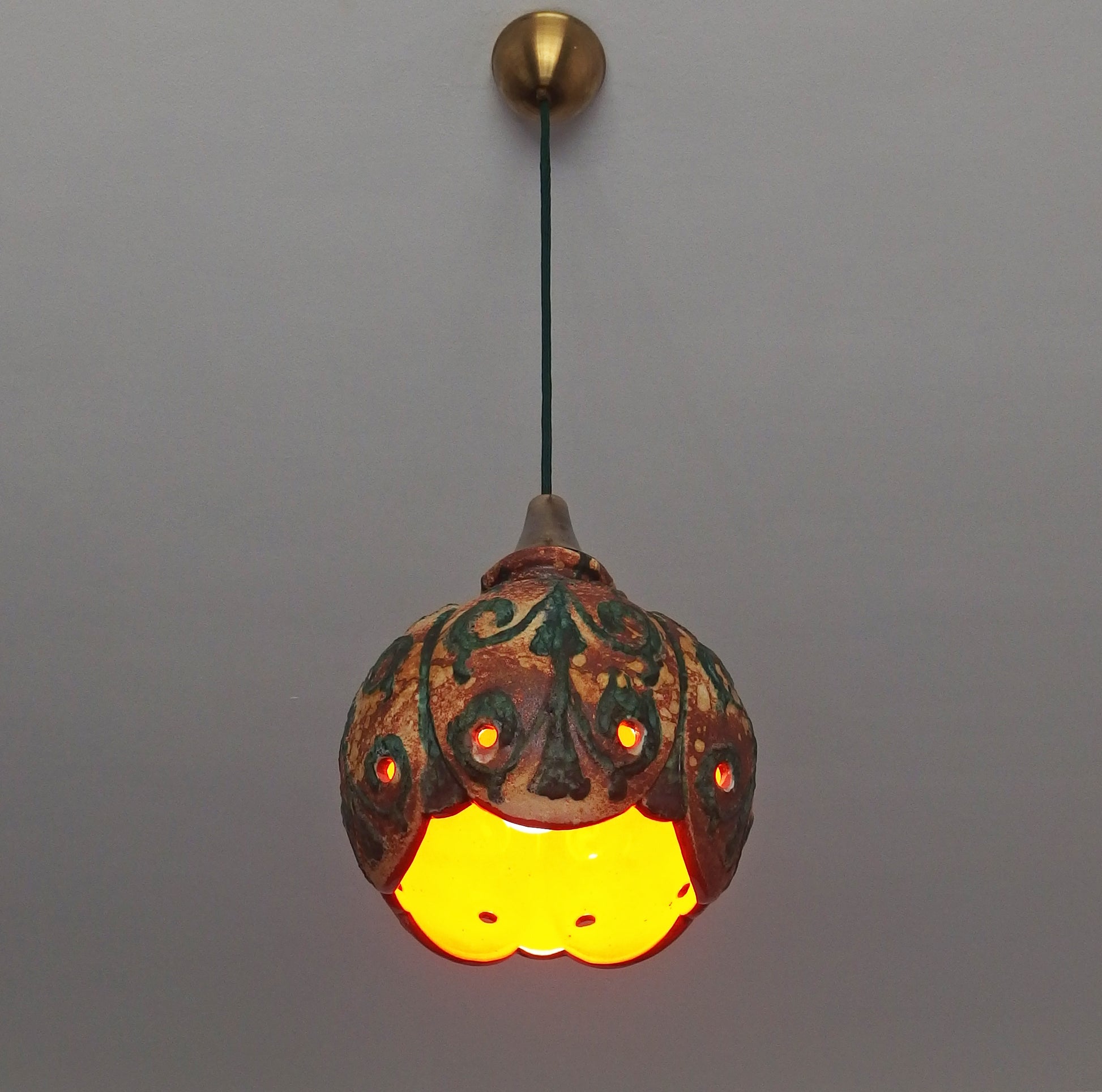 70's fat lava beige and green ceramic pendant light with interior orange glaze from Hustadt - Retro Lamp Shop