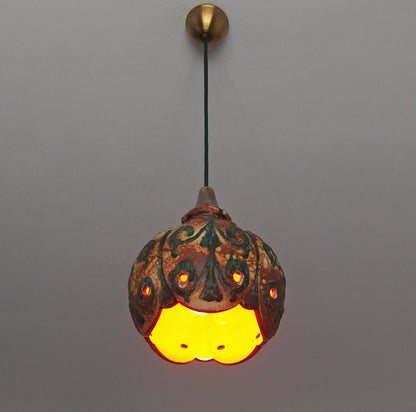 70's fat lava beige and green ceramic pendant light with interior orange glaze from Hustadt - Retro Lamp Shop