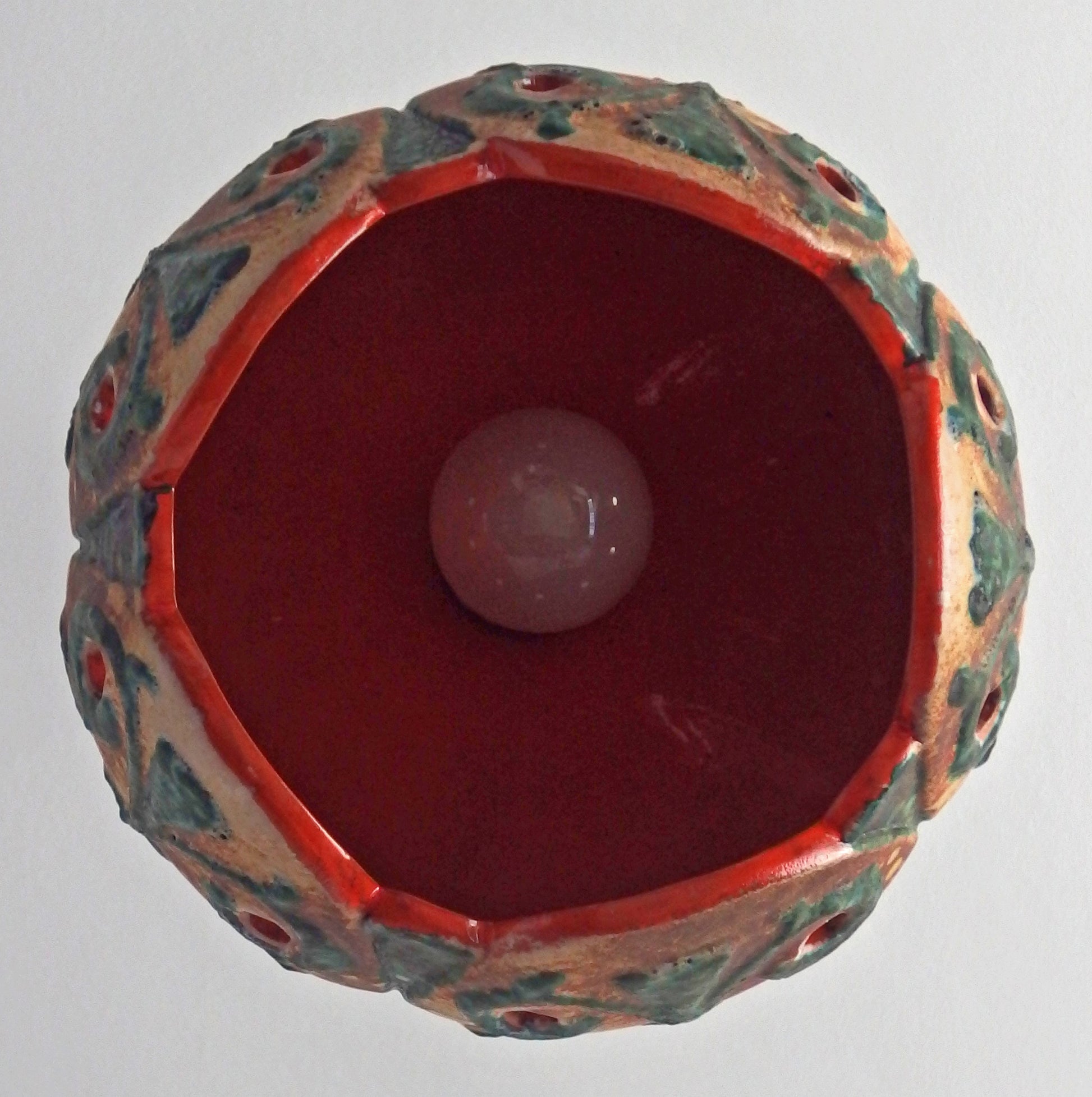 70's fat lava beige and green ceramic pendant light with interior orange glaze from Hustadt - Retro Lamp Shop