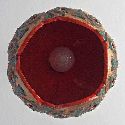 70's fat lava beige and green ceramic pendant light with interior orange glaze from Hustadt - Retro Lamp Shop