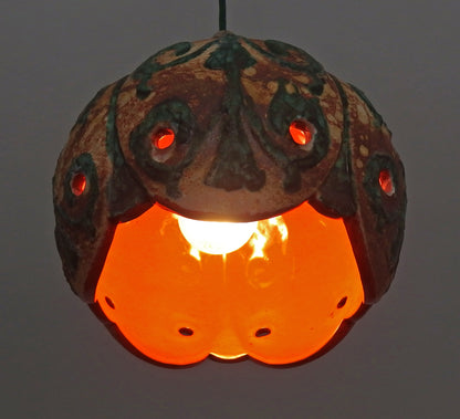 70's fat lava beige and green ceramic pendant light with interior orange glaze from Hustadt - Retro Lamp Shop