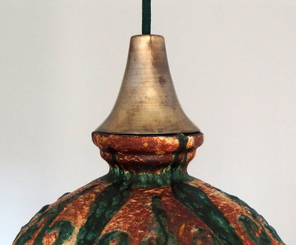 70's fat lava beige and green ceramic pendant light with interior orange glaze from Hustadt - Retro Lamp Shop