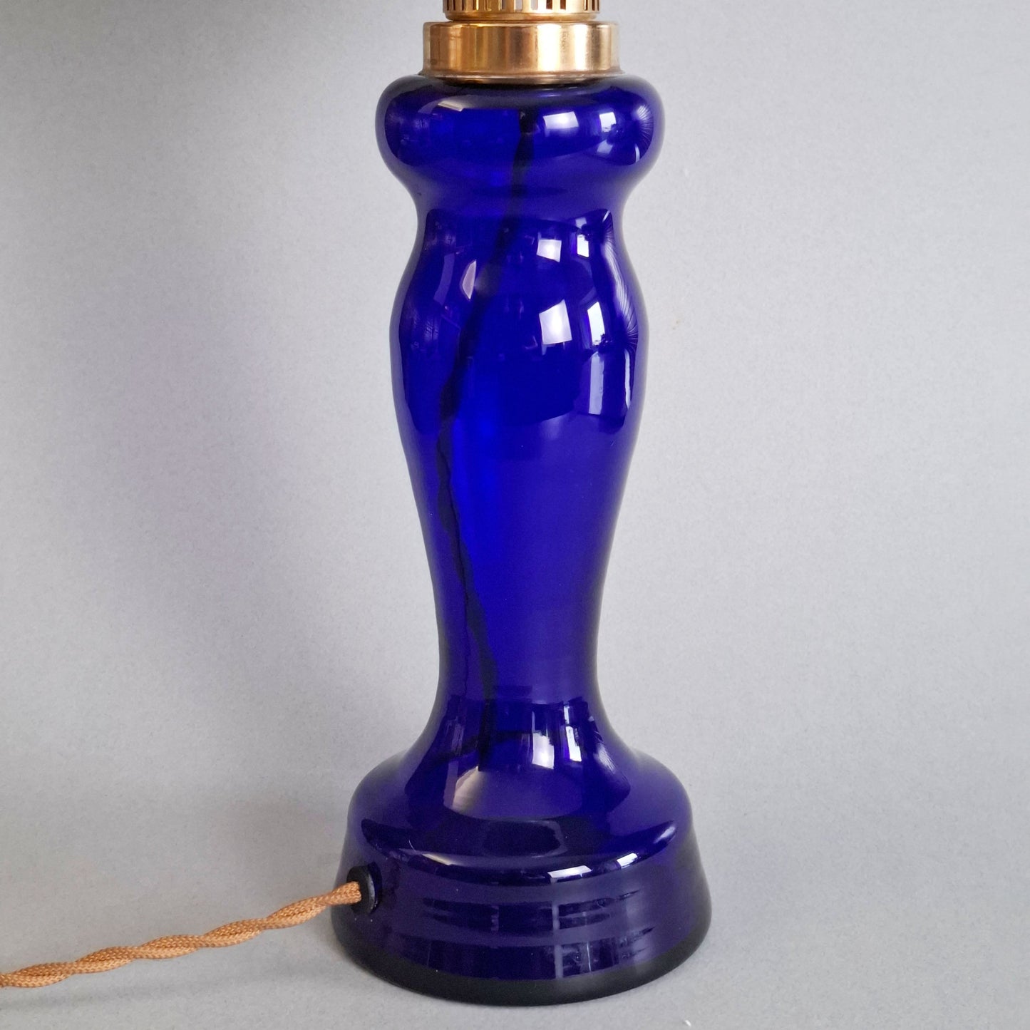 1970s glass vintage table lamp with cobalt blue foot and white opaline glass globe - Retro Lamp Shop