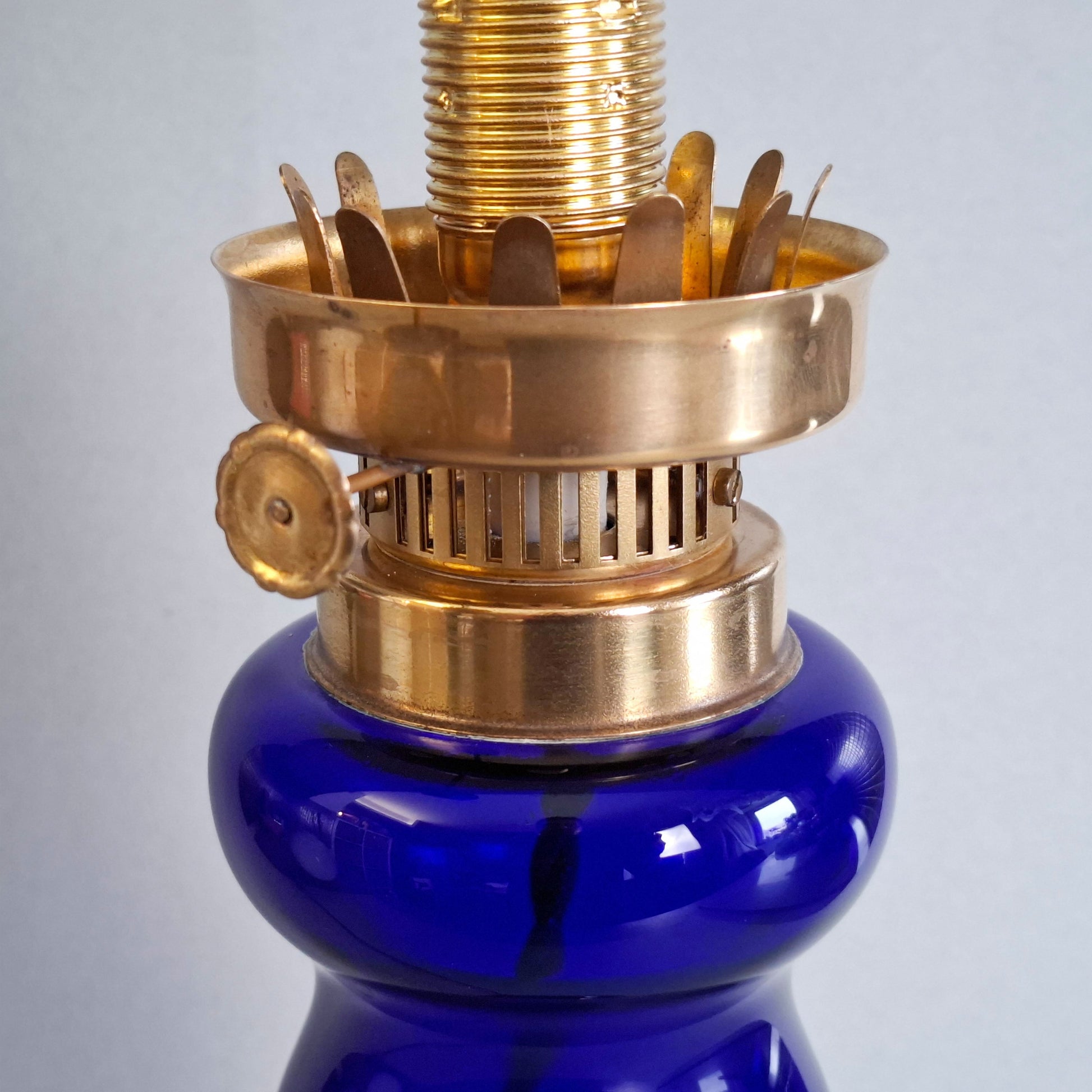 1970s glass vintage table lamp with cobalt blue foot and white opaline glass globe - Retro Lamp Shop