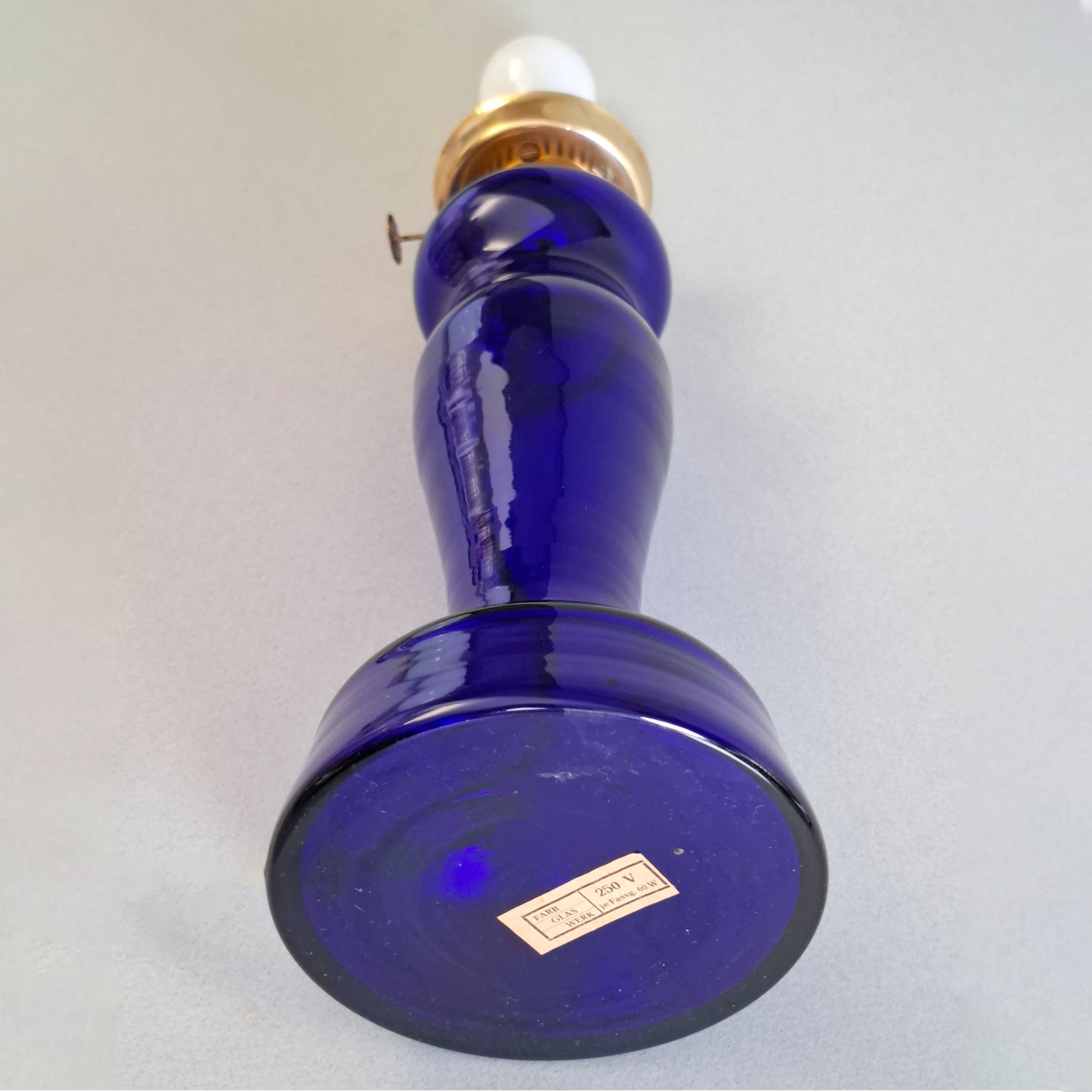 1970s glass vintage table lamp with cobalt blue foot and white opaline glass globe - Retro Lamp Shop