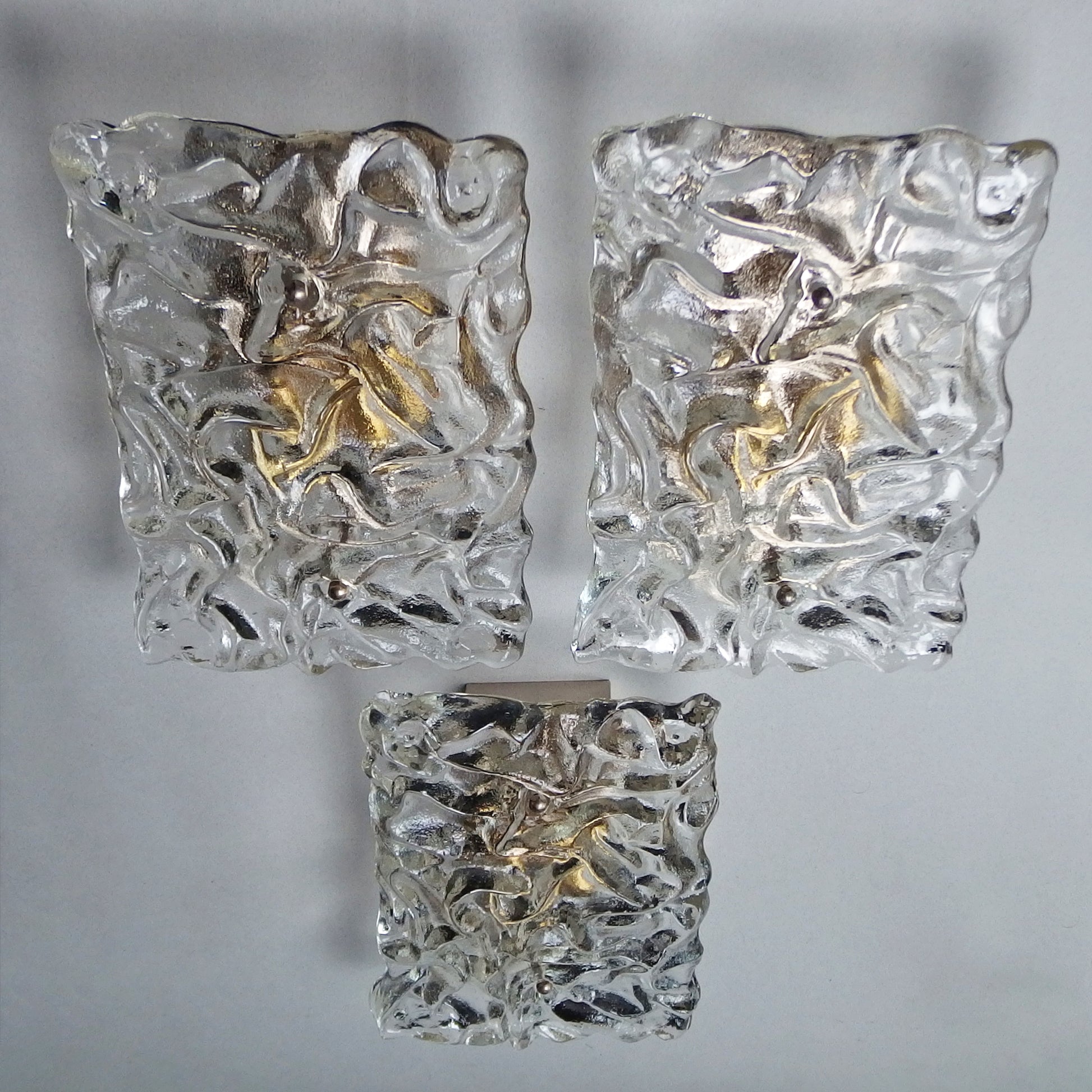 1 of 3 stunning 1970's large Murano ice glass sconces with chrome base from Hillebrand - Retro Lamp Shop