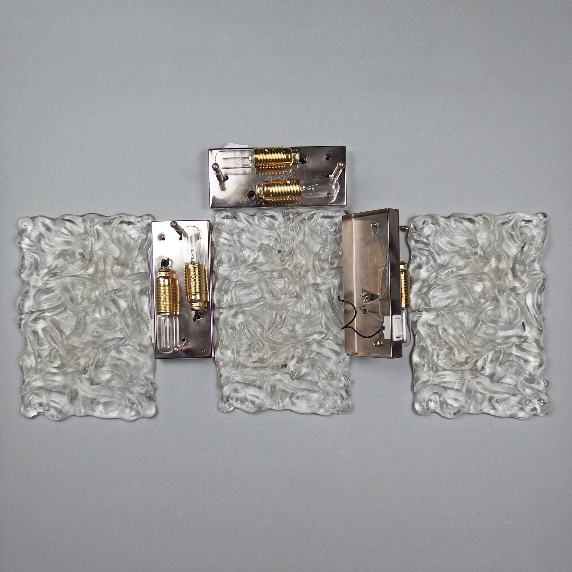 1 of 3 stunning 1970's large Murano ice glass sconces with chrome base from Hillebrand - Retro Lamp Shop