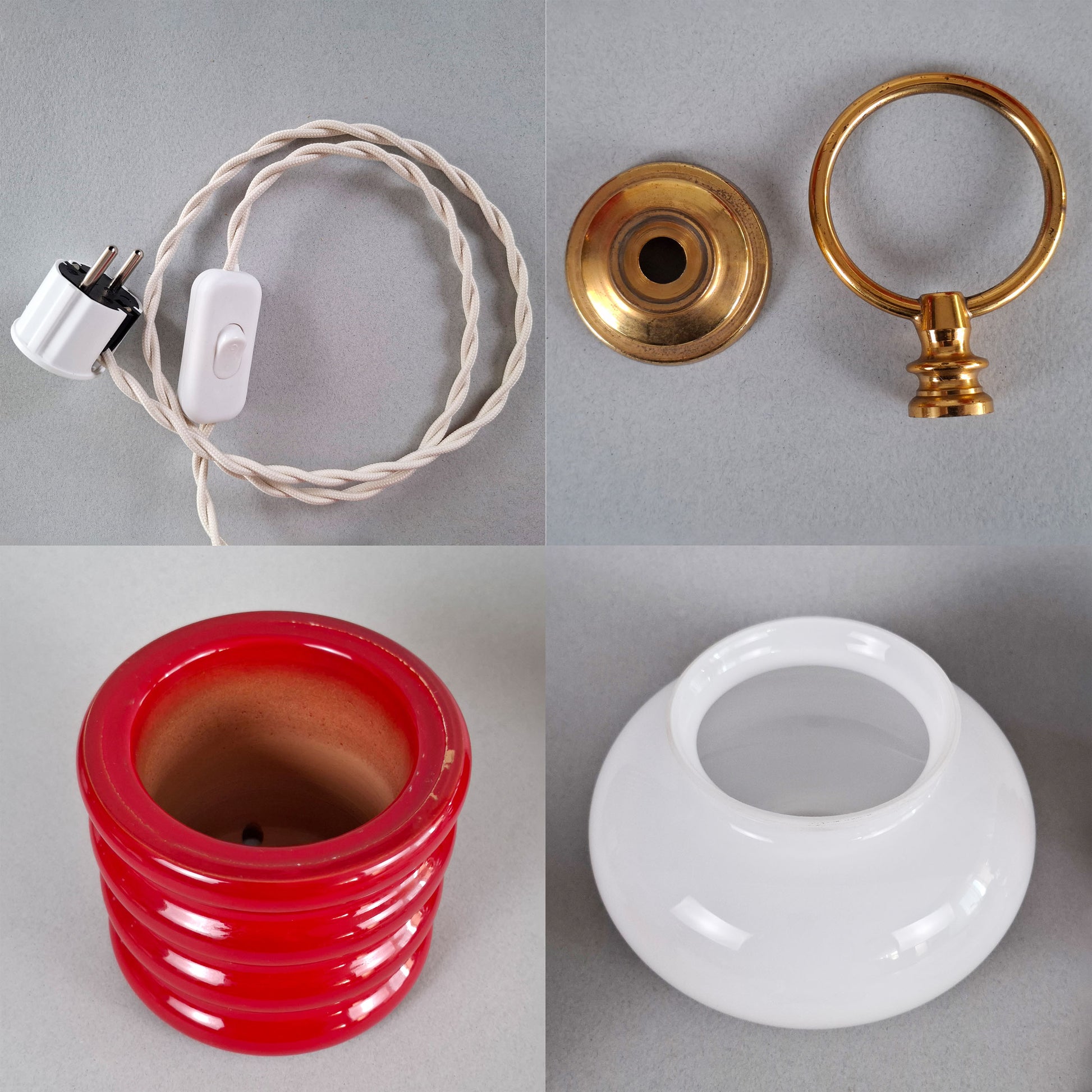 1970s red glazed ceramic table lamp with white opaline glass shade and brass accessories - Retro Lamp Shop