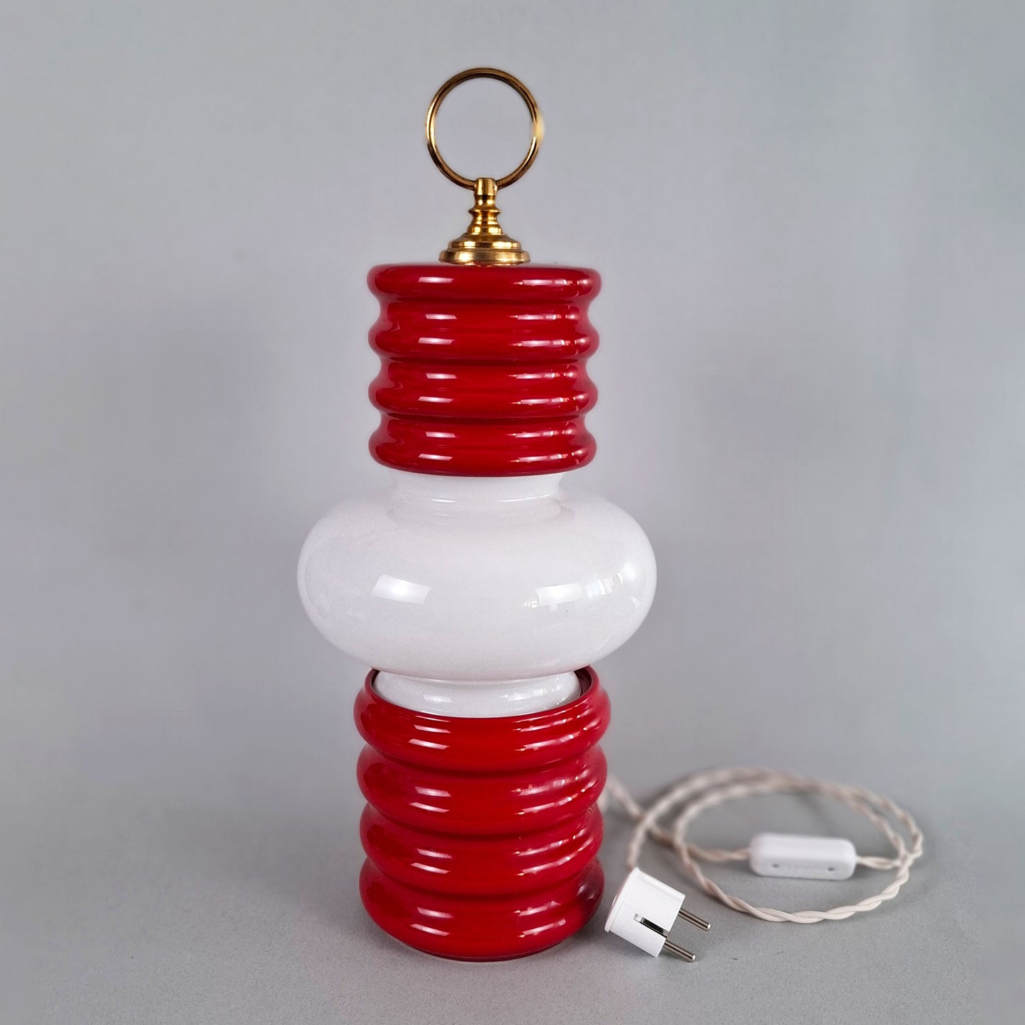 1970s red glazed ceramic table lamp with white opaline glass shade and brass accessories - Retro Lamp Shop