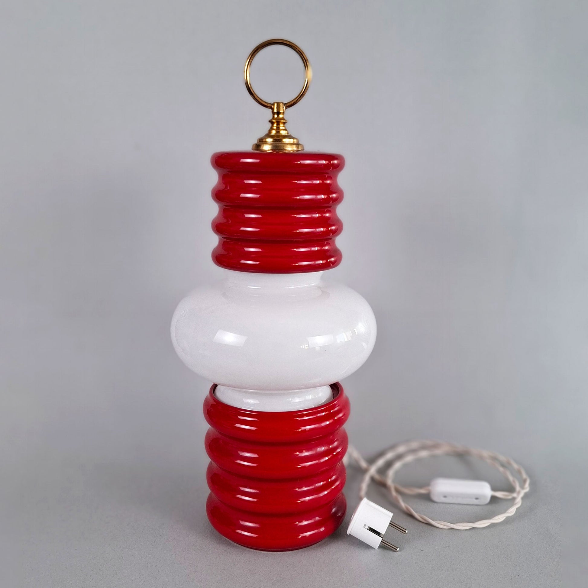 1970s red glazed ceramic table lamp with white opaline glass shade and brass accessories - Retro Lamp Shop