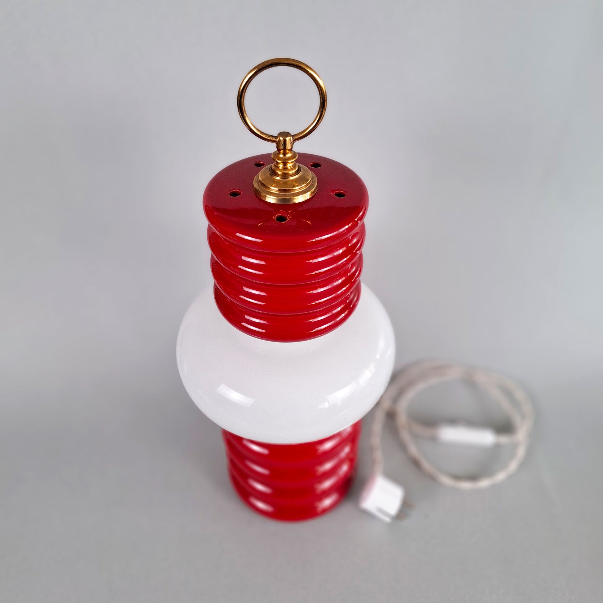1970s red glazed ceramic table lamp with white opaline glass shade and brass accessories - Retro Lamp Shop