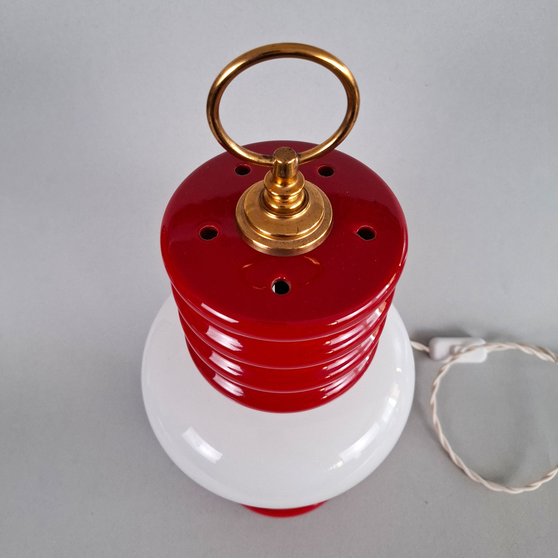 1970s red glazed ceramic table lamp with white opaline glass shade and brass accessories - Retro Lamp Shop