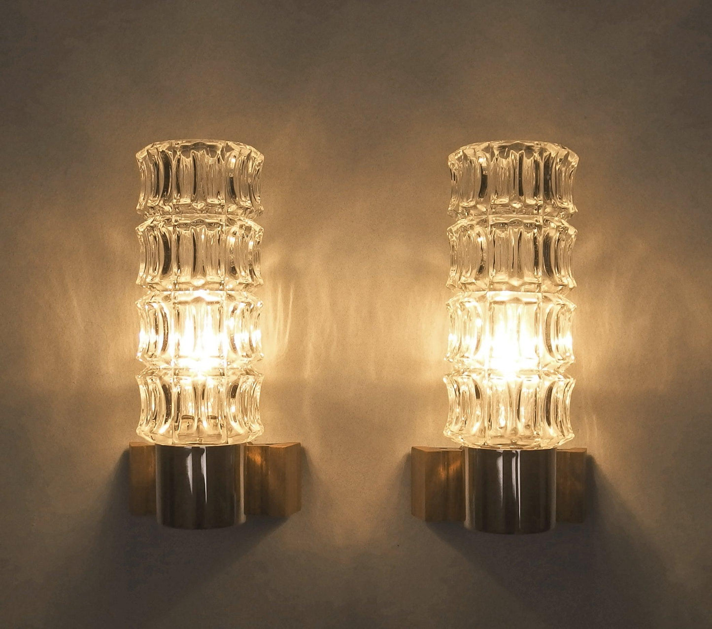 1 of 2 1960s pair of petite sconces with solid rosewood base and thick crystal glass shades - Retro Lamp Shop