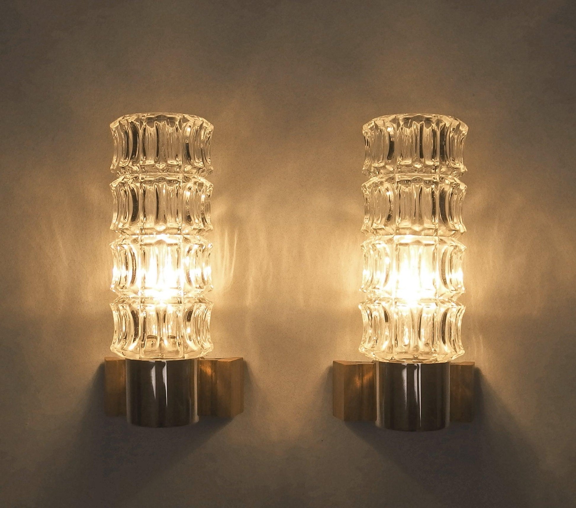 1 of 2 1960s pair of petite sconces with solid rosewood base and thick crystal glass shades - Retro Lamp Shop