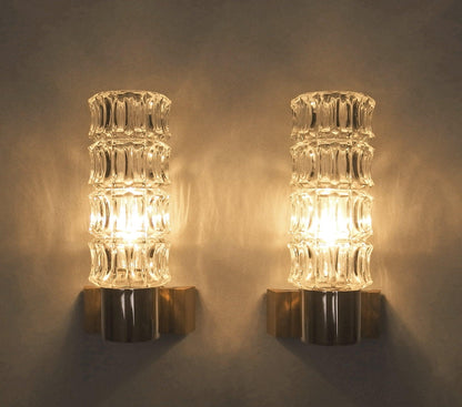 1 of 2 1960s pair of petite sconces with solid rosewood base and thick crystal glass shades - Retro Lamp Shop