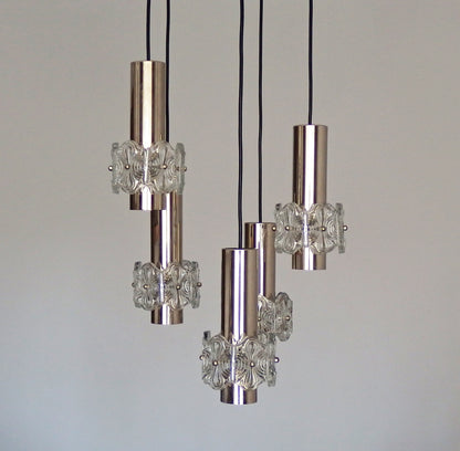 1970s vintage5 lights chrome and crystal cascade ceiling light from Sische - Retro Lamp Shop