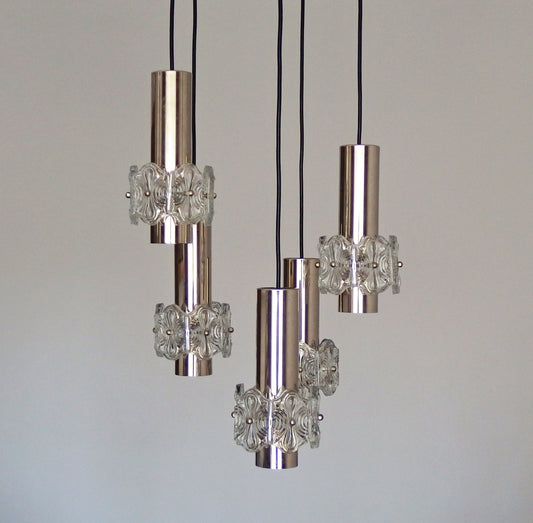 1970s vintage5 lights chrome and crystal cascade ceiling light from Sische - Retro Lamp Shop