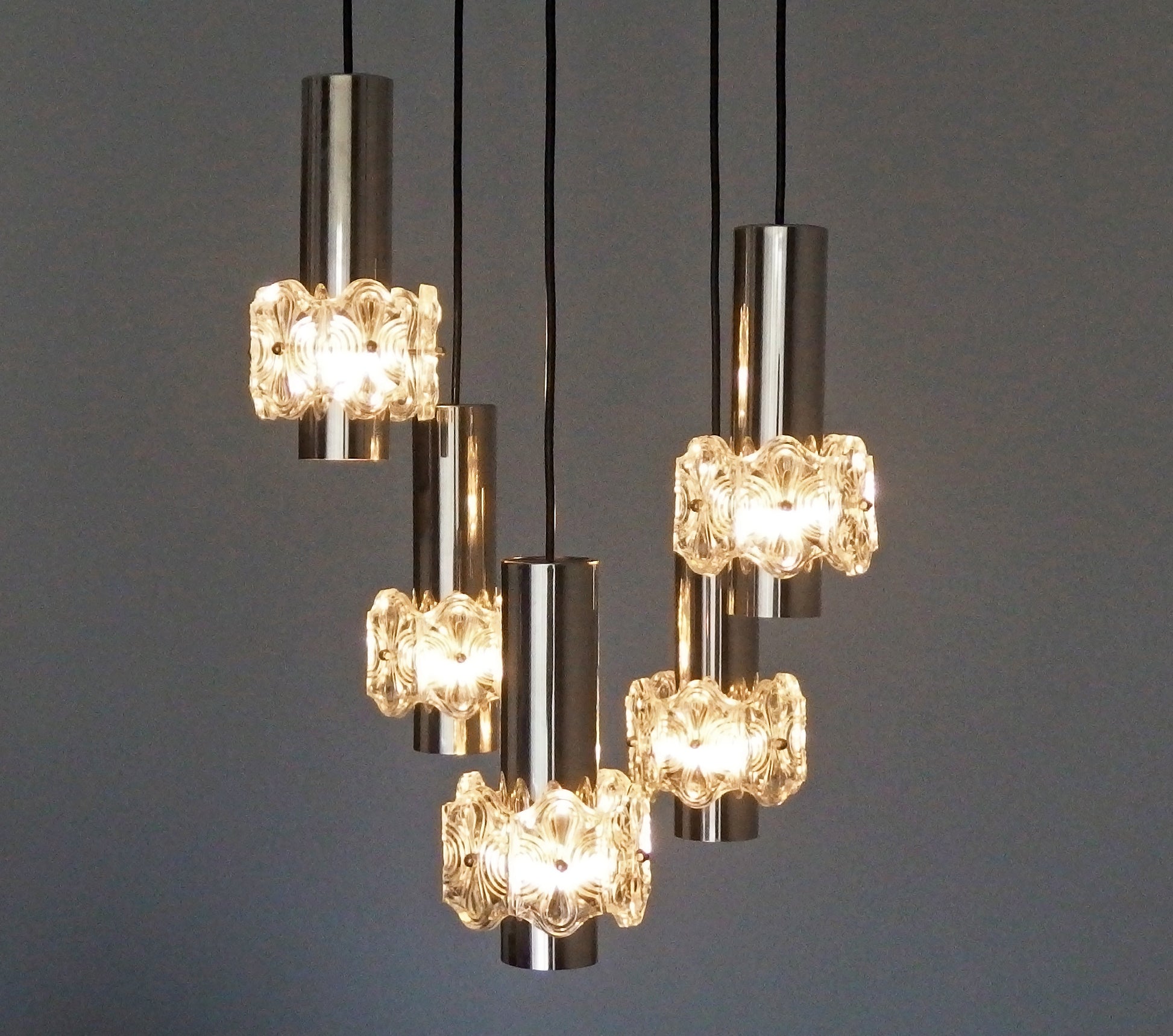 1970s vintage5 lights chrome and crystal cascade ceiling light from Sische - Retro Lamp Shop