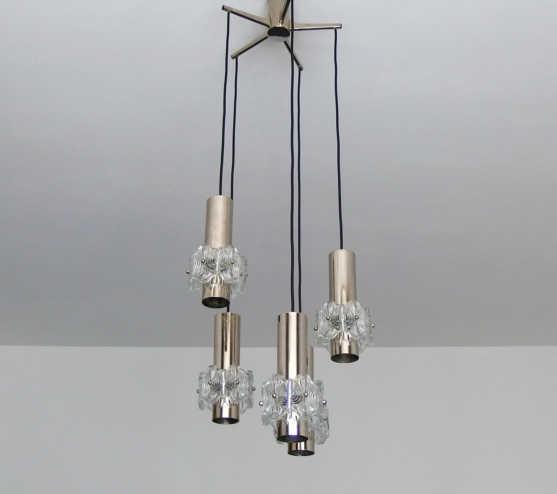 1970s vintage5 lights chrome and crystal cascade ceiling light from Sische - Retro Lamp Shop