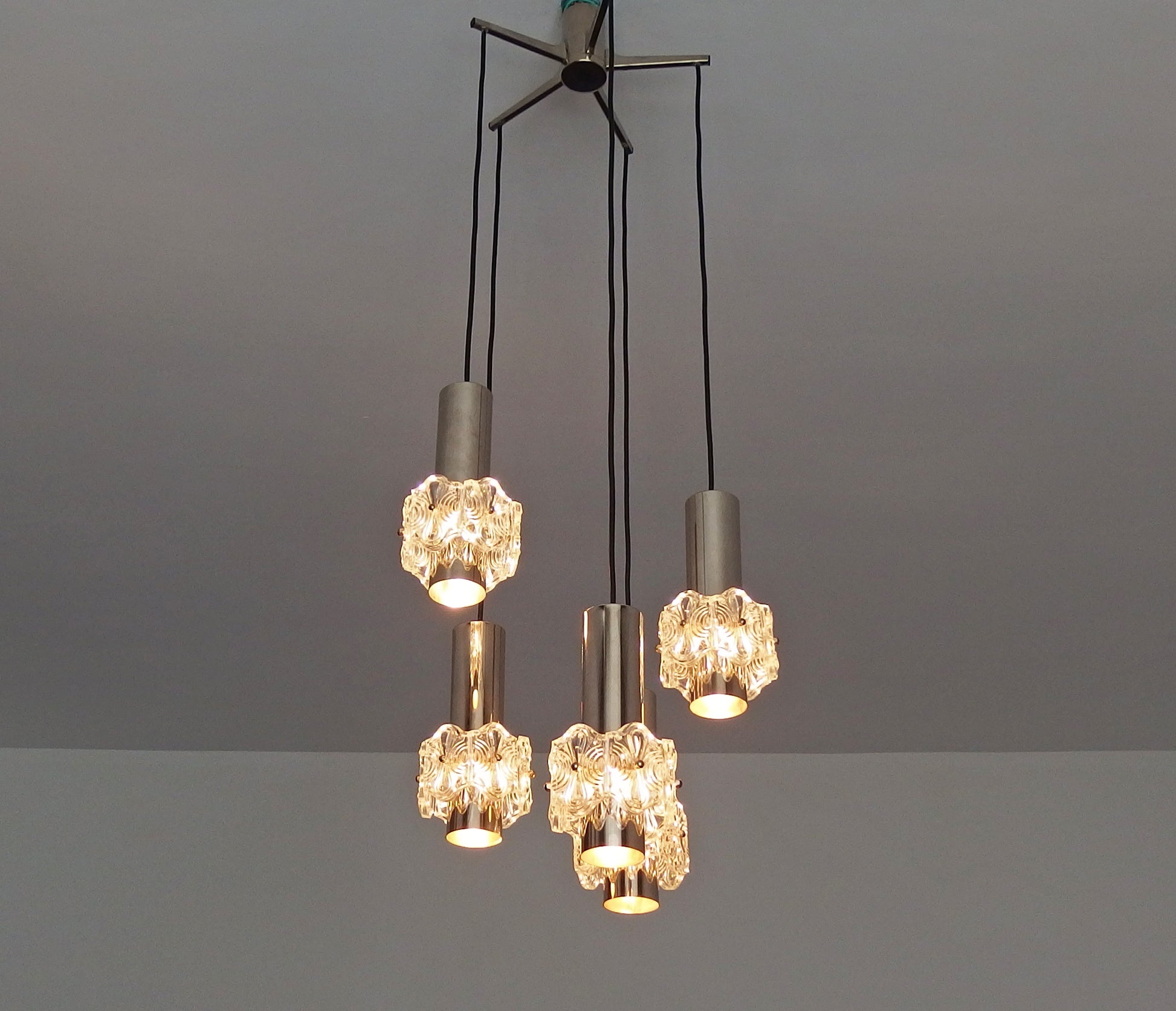 1970s vintage5 lights chrome and crystal cascade ceiling light from Sische - Retro Lamp Shop