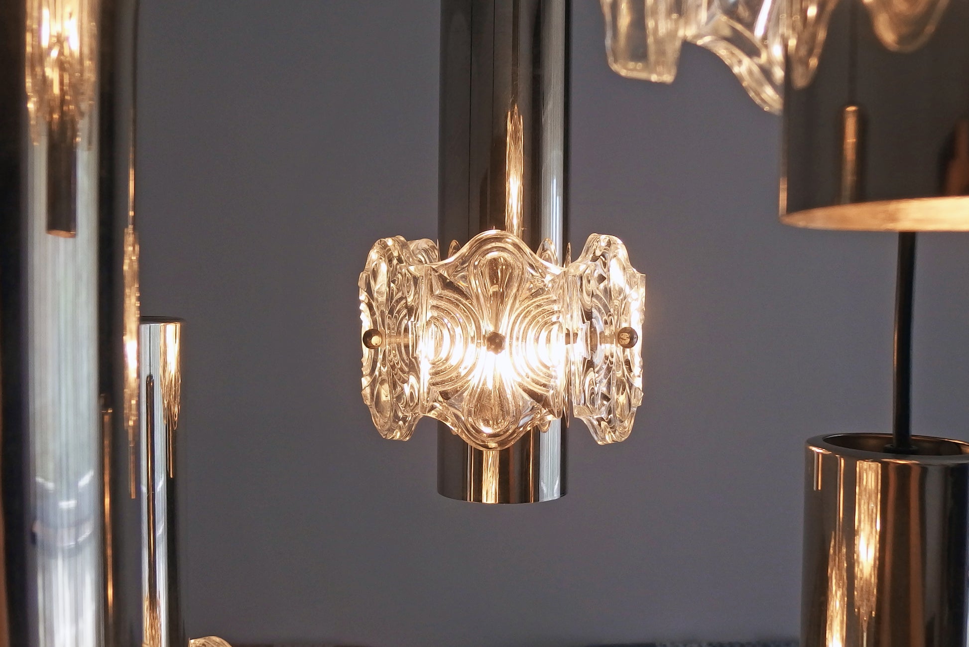 1970s vintage5 lights chrome and crystal cascade ceiling light from Sische - Retro Lamp Shop