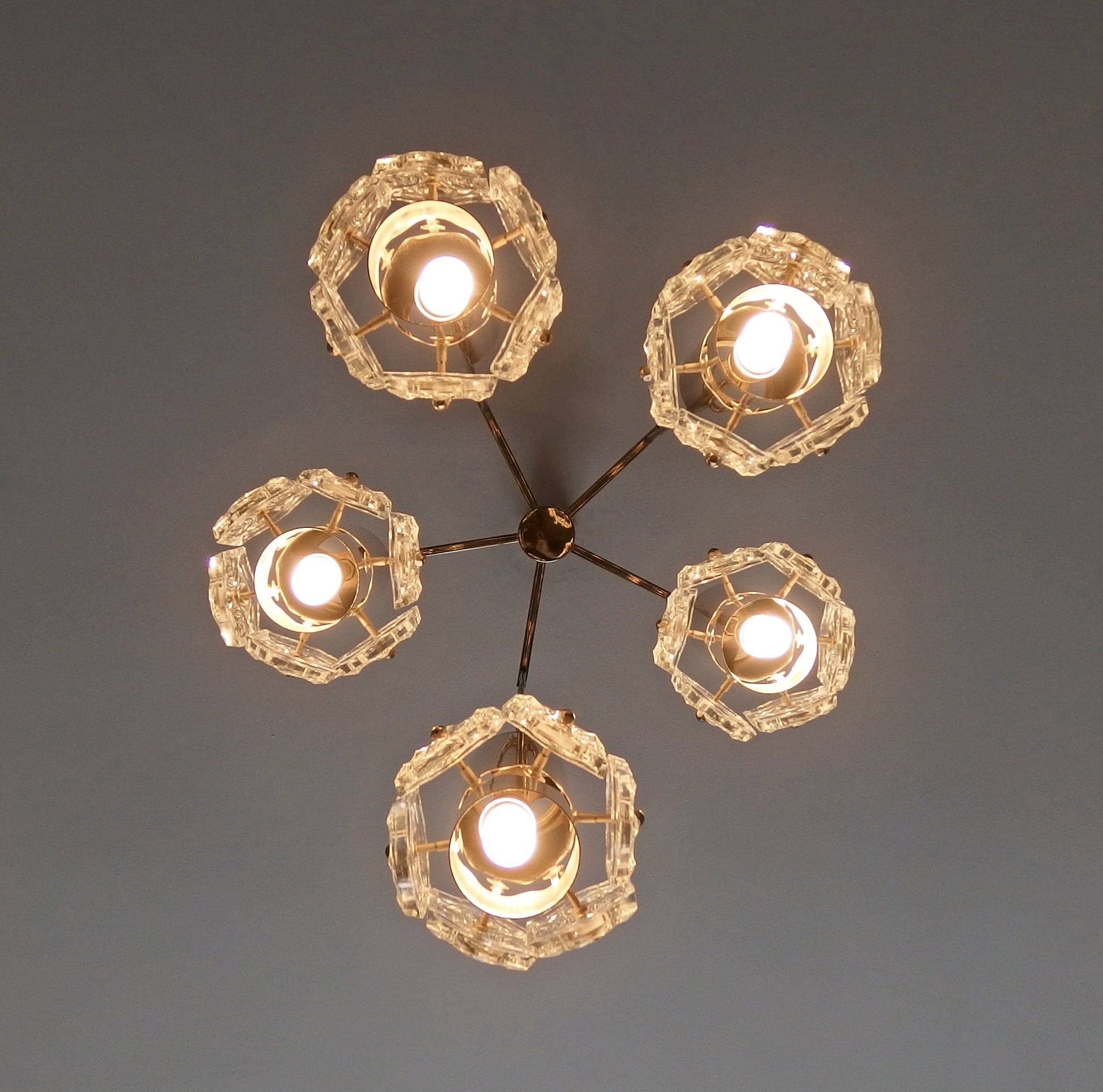 1970s vintage5 lights chrome and crystal cascade ceiling light from Sische - Retro Lamp Shop