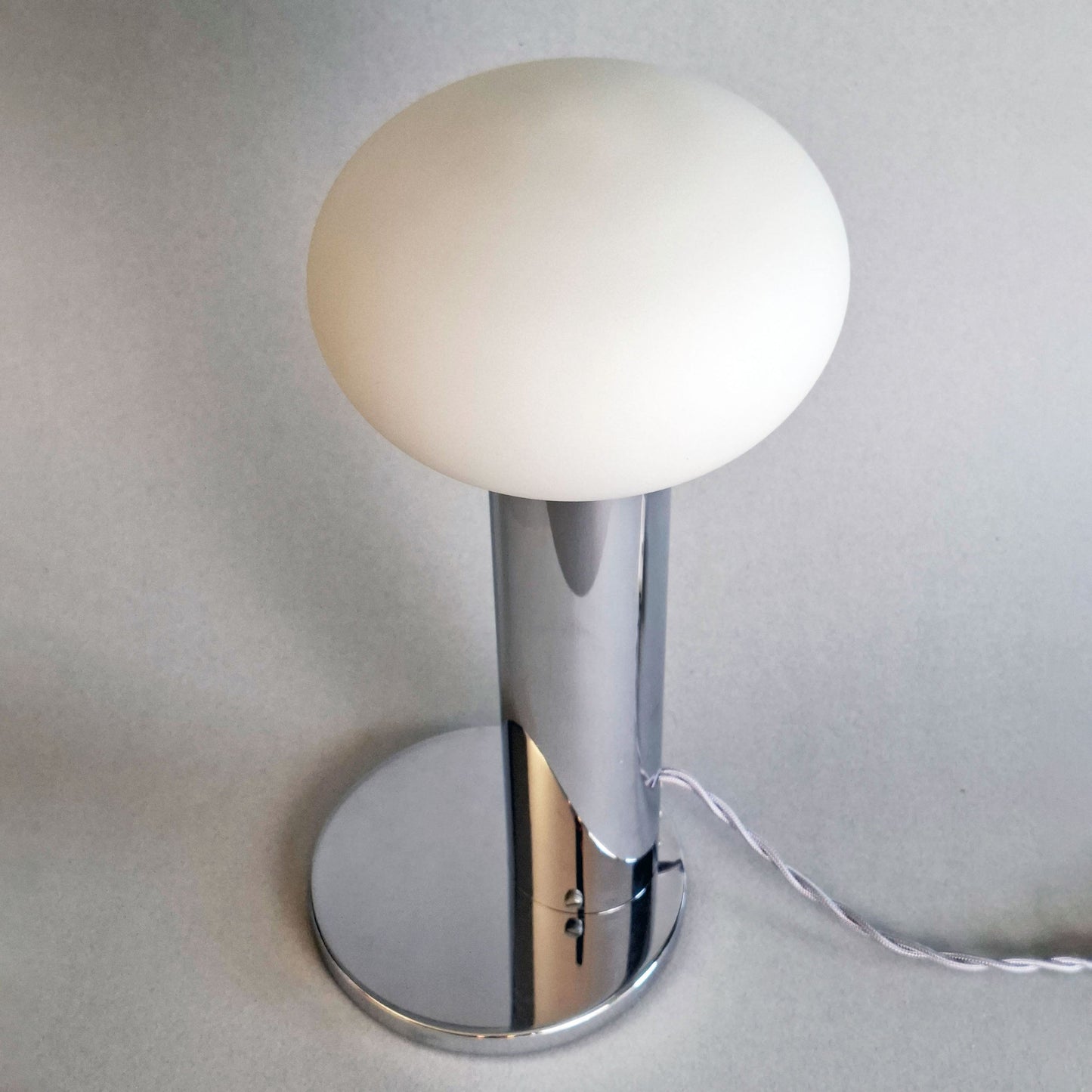 1970s vintage table lamp with chrome foot and frosted white glass globe - Retro Lamp Shop