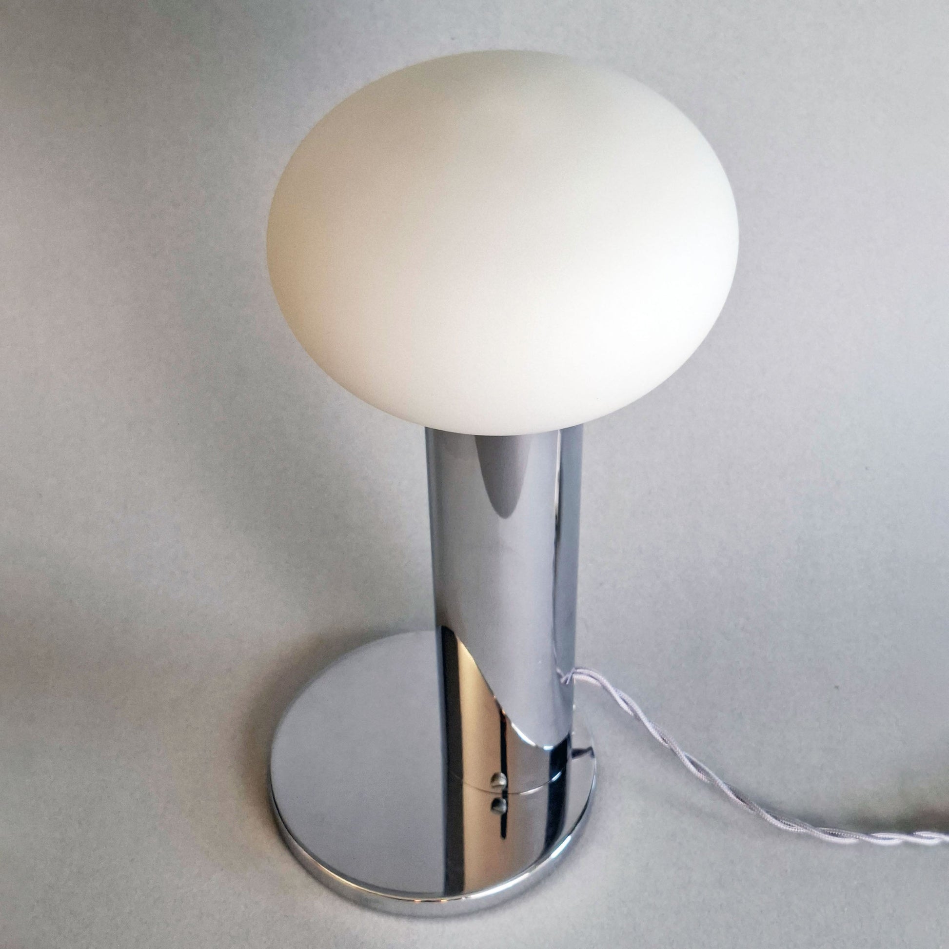 1970s vintage table lamp with chrome foot and frosted white glass globe - Retro Lamp Shop