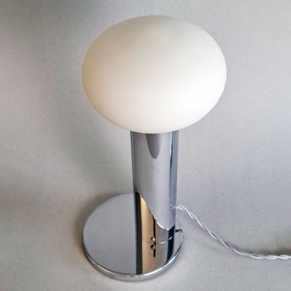 1970s vintage table lamp with chrome foot and frosted white glass globe - Retro Lamp Shop