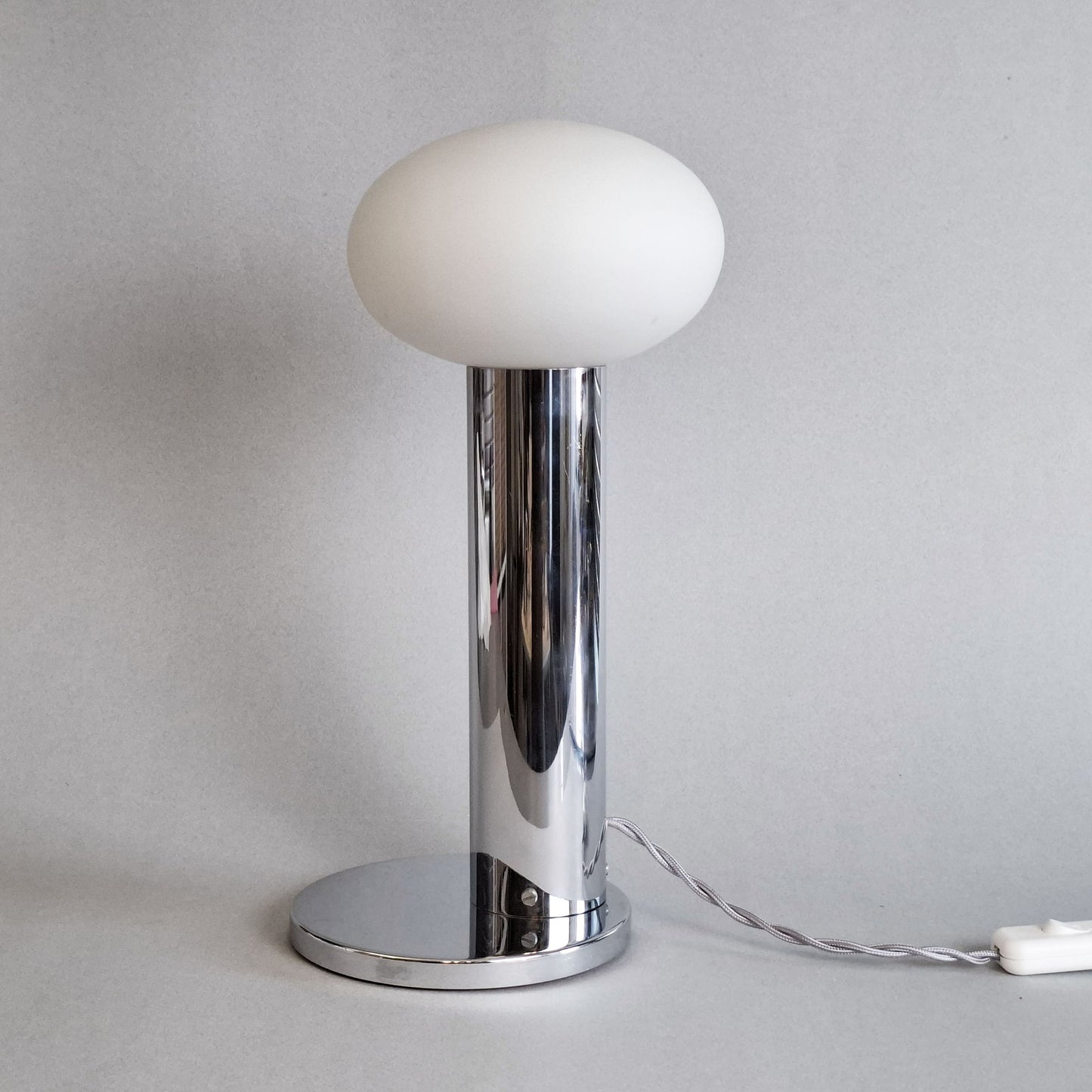 1970s vintage table lamp with chrome foot and frosted white glass globe - Retro Lamp Shop
