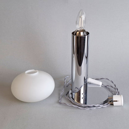1970s vintage table lamp with chrome foot and frosted white glass globe - Retro Lamp Shop