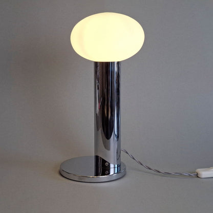 1970s vintage table lamp with chrome foot and frosted white glass globe - Retro Lamp Shop