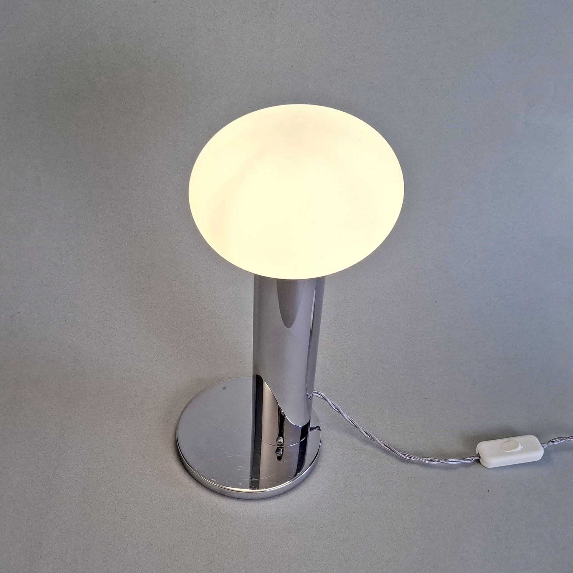 1970s vintage table lamp with chrome foot and frosted white glass globe - Retro Lamp Shop