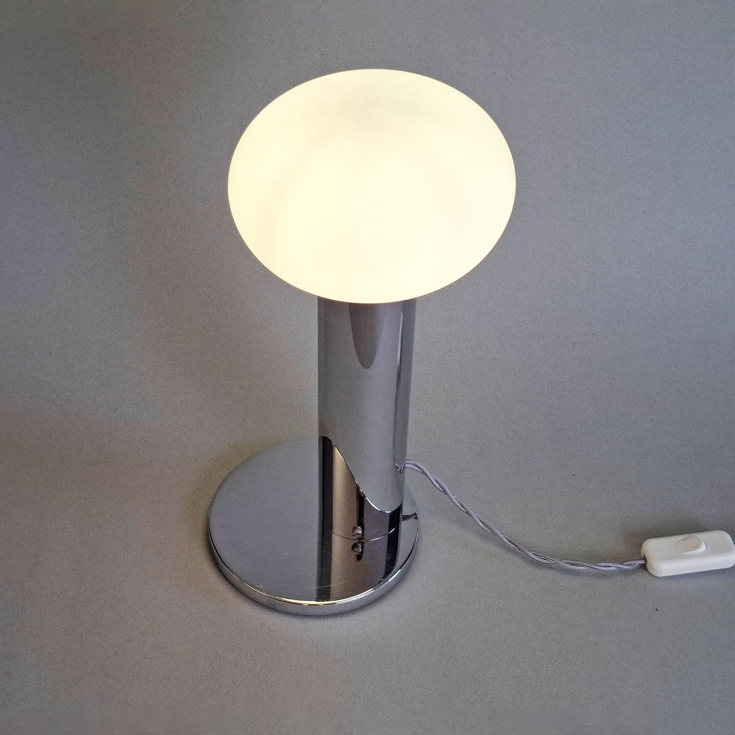 1970s vintage table lamp with chrome foot and frosted white glass globe - Retro Lamp Shop