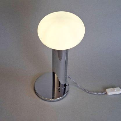 1970s vintage table lamp with chrome foot and frosted white glass globe - Retro Lamp Shop