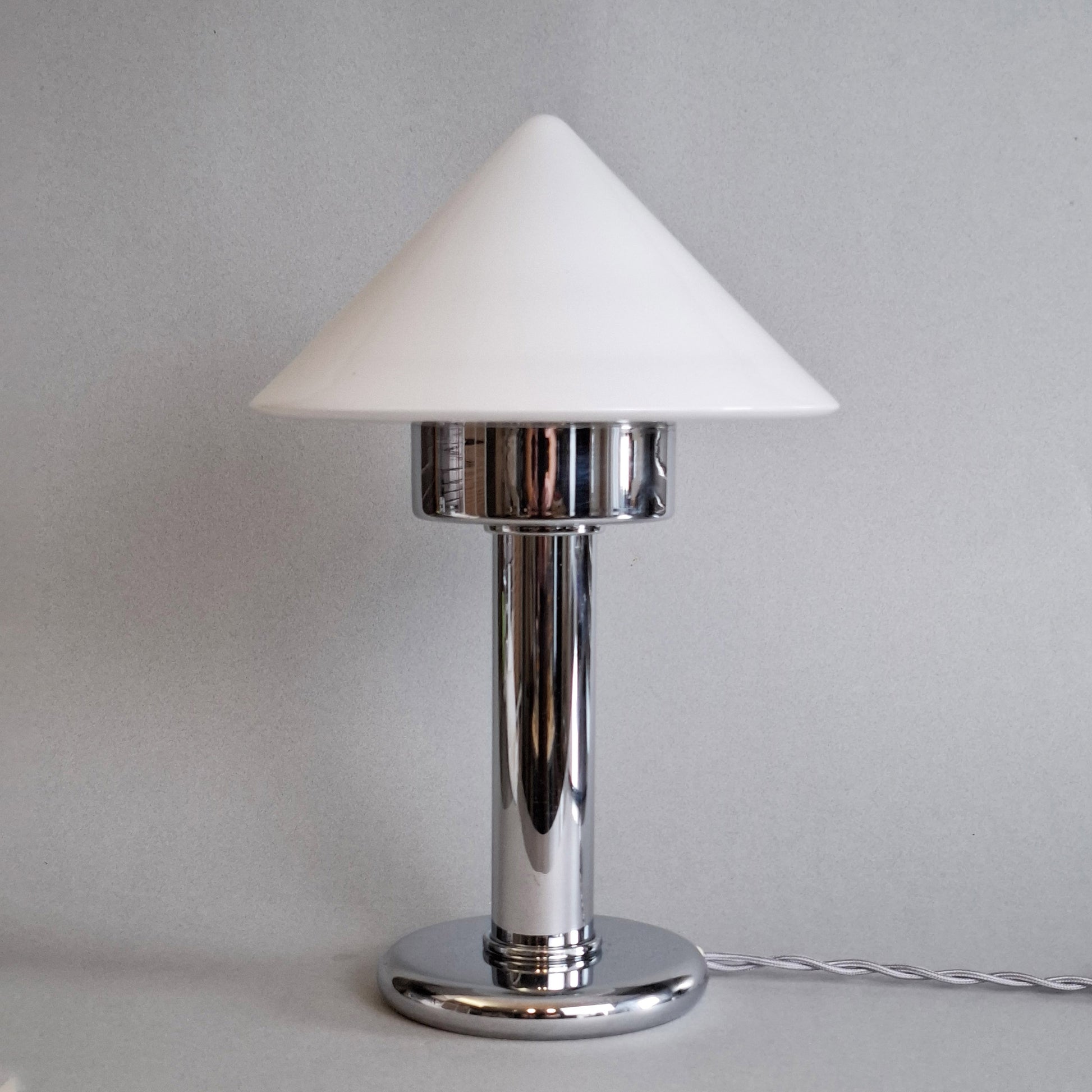 1970s vintage table lamp with chrome foot and white opaline glass from Kalmar - Retro Lamp Shop