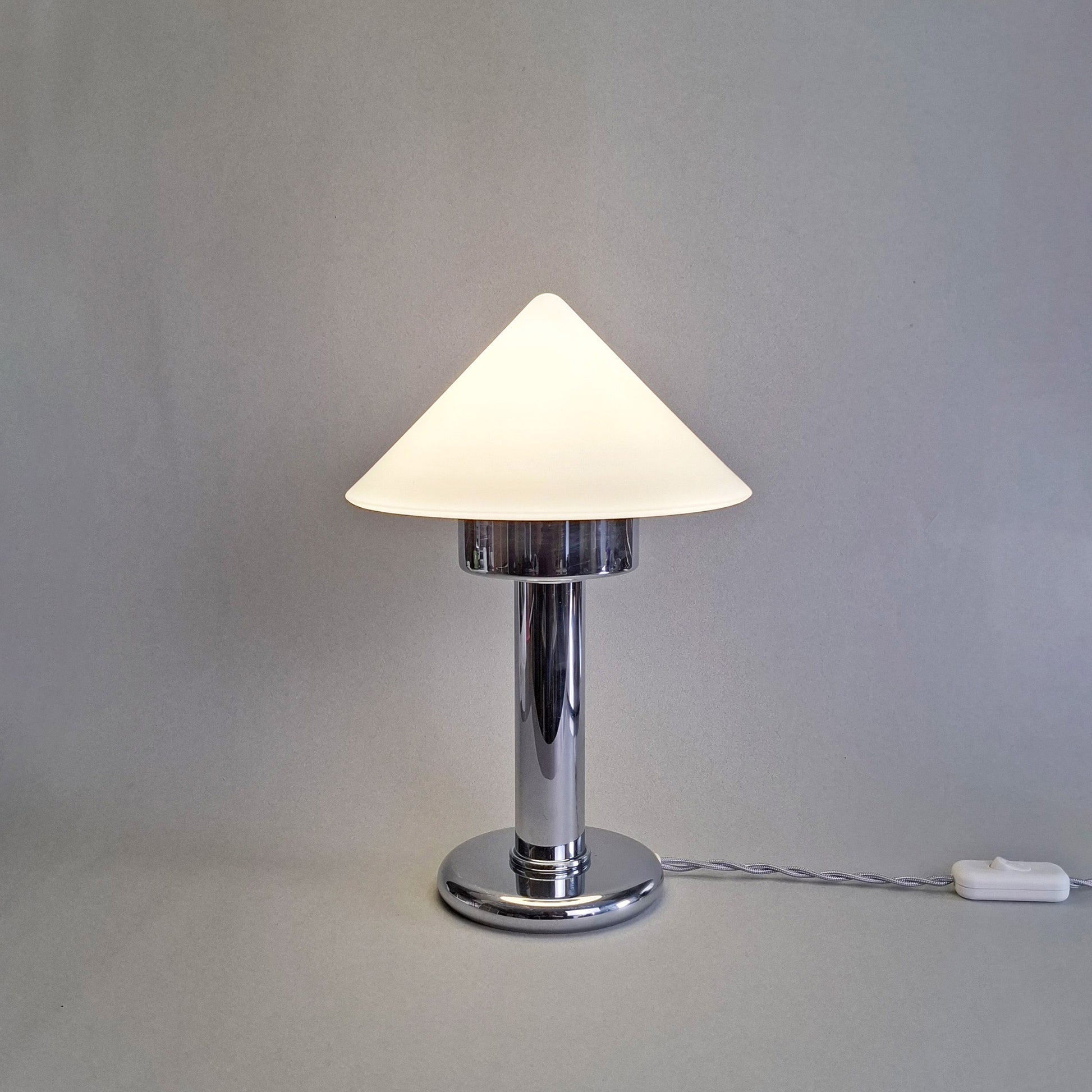 1970s vintage table lamp with chrome foot and white opaline glass from Kalmar - Retro Lamp Shop