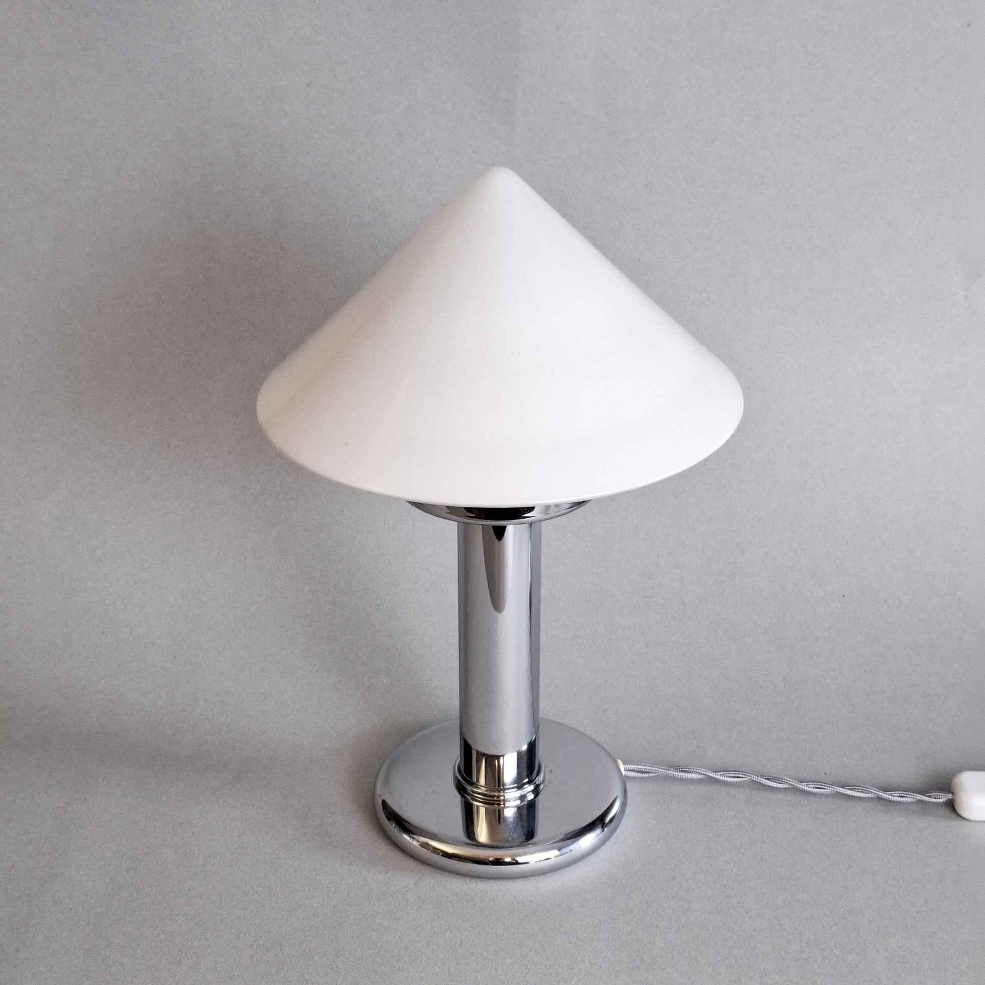 1970s vintage table lamp with chrome foot and white opaline glass from Kalmar - Retro Lamp Shop