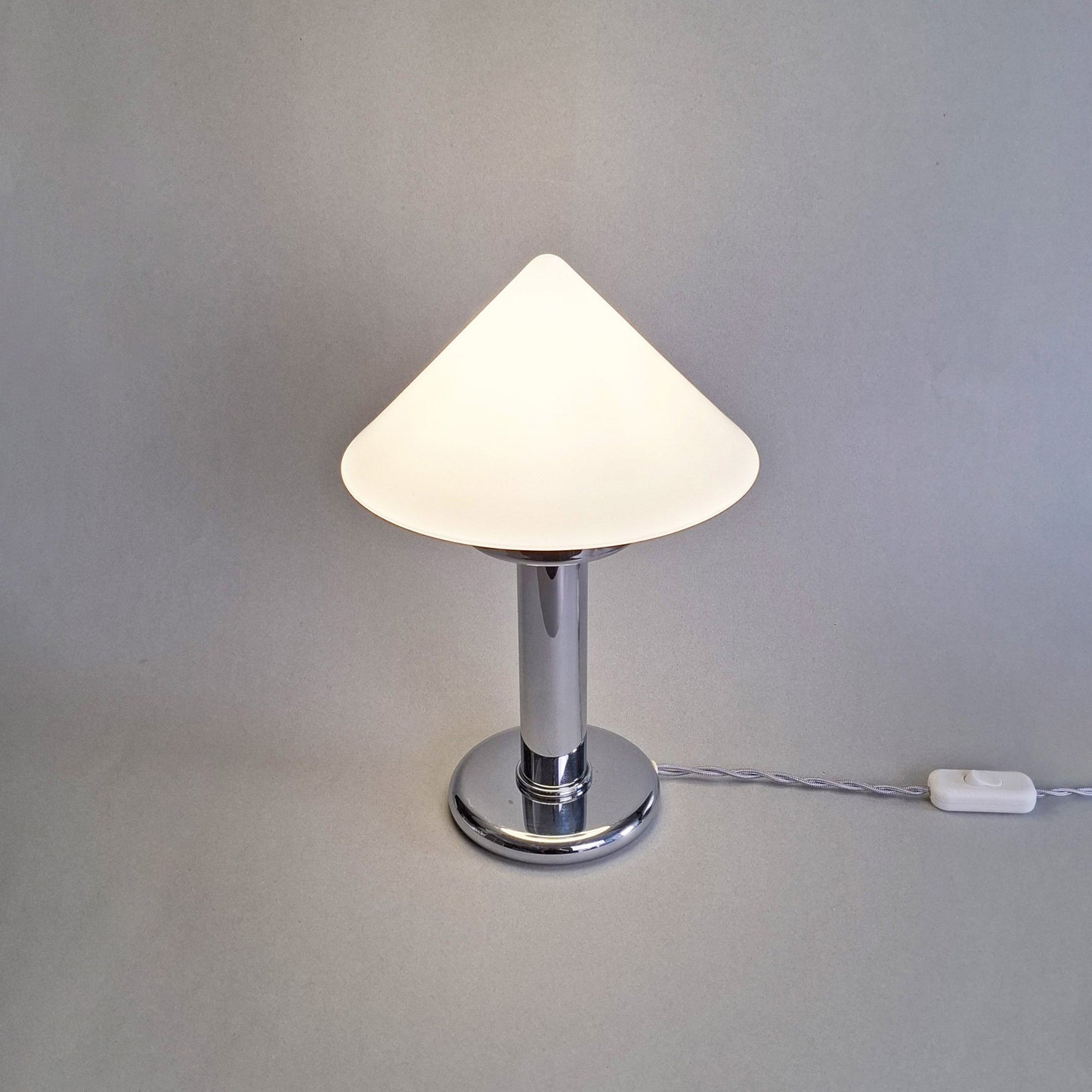 1970s vintage table lamp with chrome foot and white opaline glass from Kalmar - Retro Lamp Shop