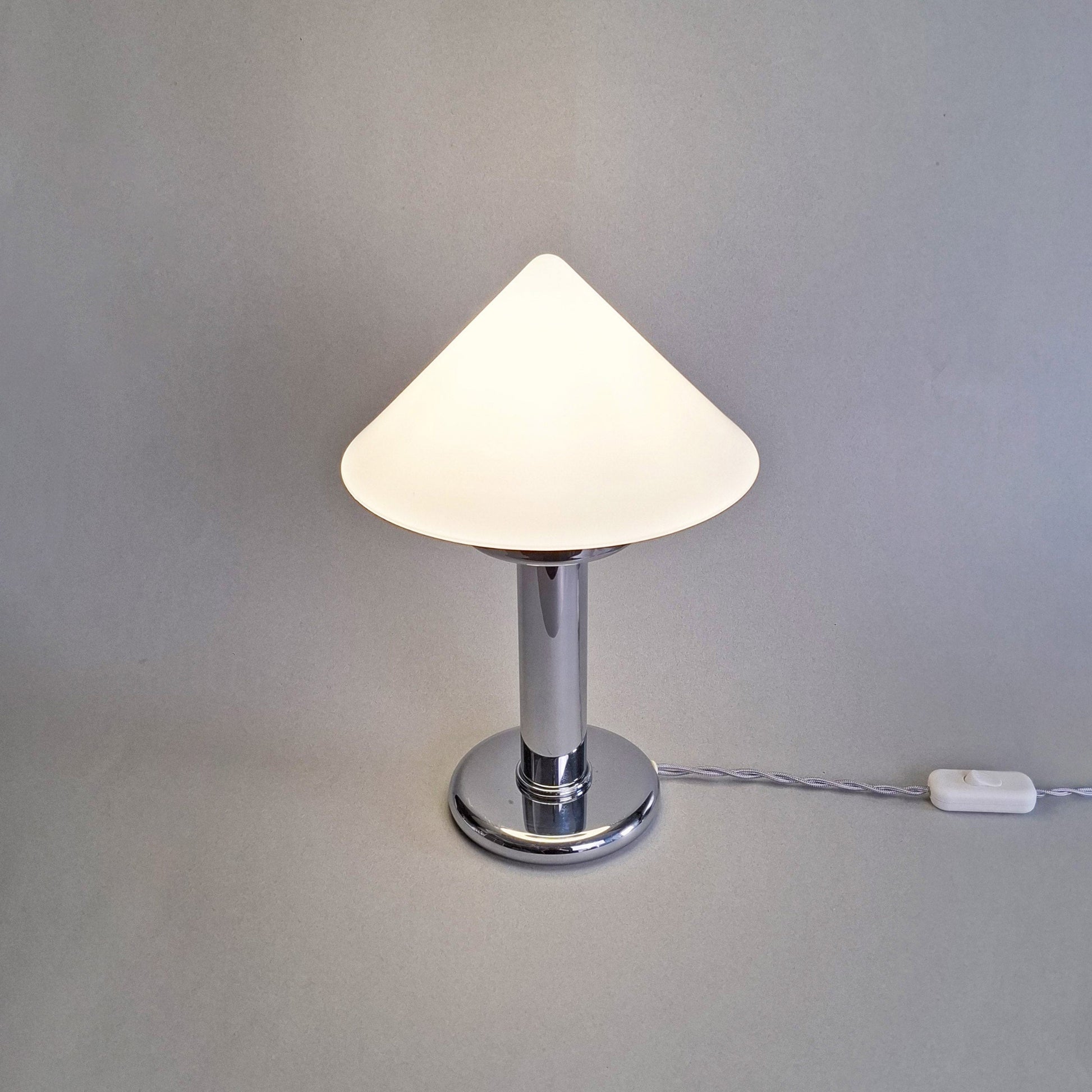 1970s vintage table lamp with chrome foot and white opaline glass from Kalmar - Retro Lamp Shop