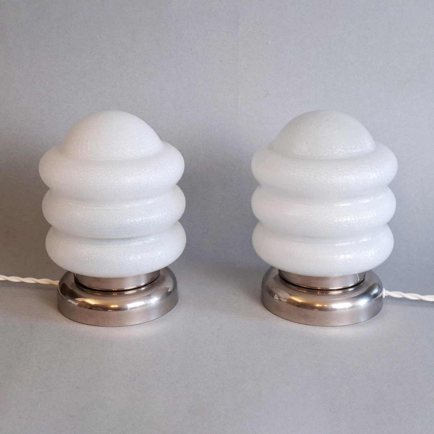 Pair of 1970s vintage table lamps with chrome base and texturized opaline glass shades - Retro Lamp Shop -